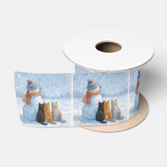 Snowmen and Cats In a Snowy Field Satinband (Spule)