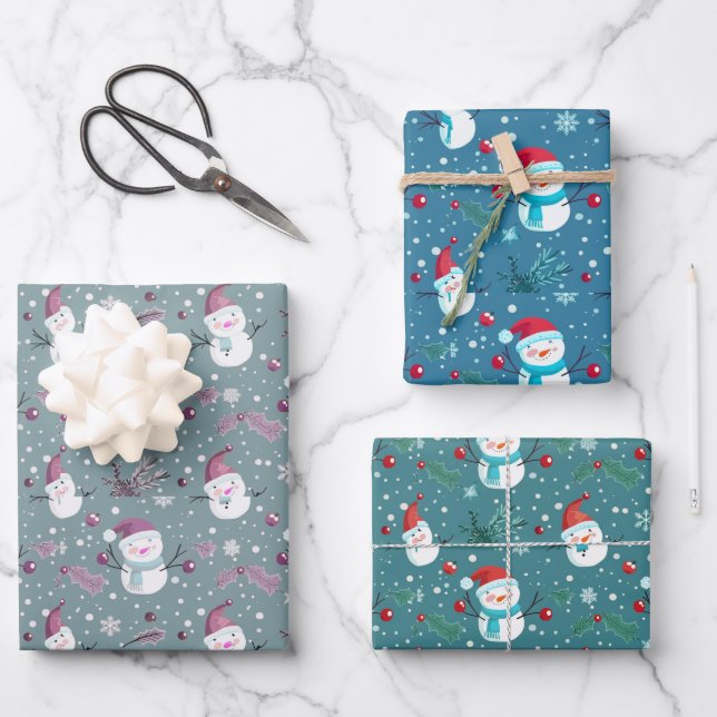 Snowmen Berries Schneeflocken Weihnachten Geschenkpapier Set (Vorderseite)