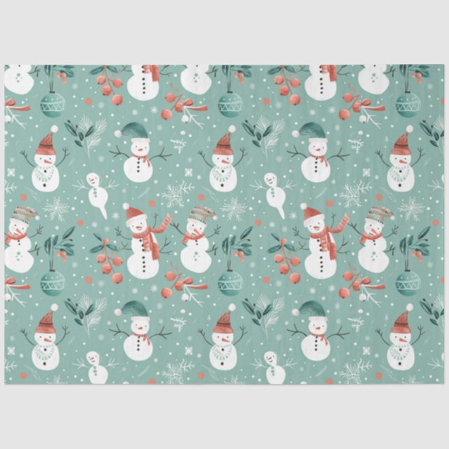 Snowmen Berries Snowflakes Grüne Weihnachten Seidenpapier (Vorderseite)