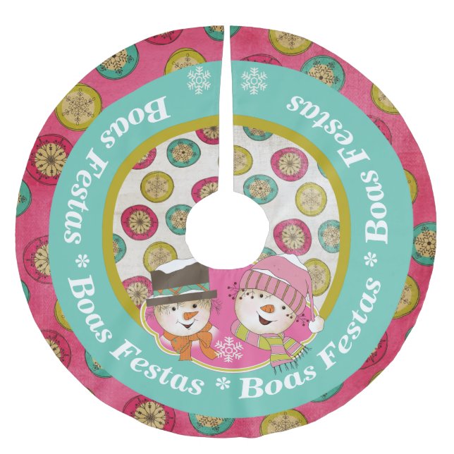 Snowmen Boas Festas Holiday Tree Skirt Polyester Weihnachtsbaumdecke (Vorderseite)