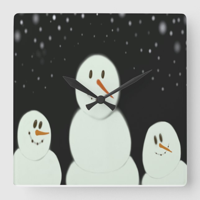 Snowmen Enjoying The Starry Night Painting Quadratische Wanduhr (Vorderseite)