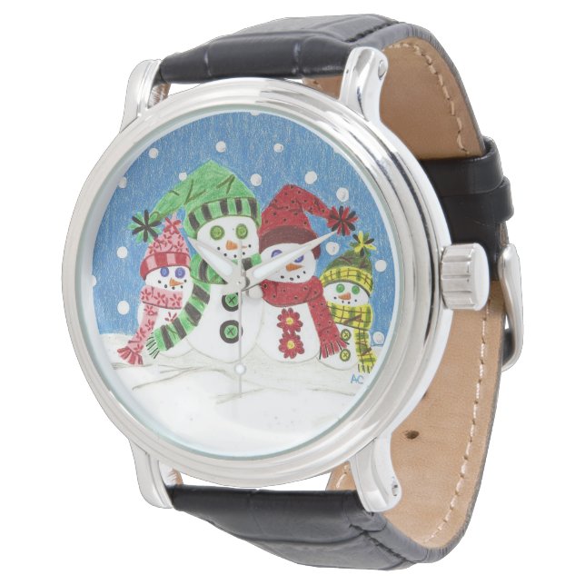 Snowmen Familienmitglieder Schwarz Vintage Lederuh Armbanduhr (Schrägansicht)