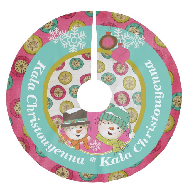 Snowmen Griechisch frohe Weihnachtsbaumrock Polyester Weihnachtsbaumdecke (Vorderseite)