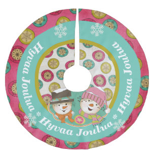 Snowmen Hyvaa Joulua Holiday Tree Skirt Polyester Weihnachtsbaumdecke