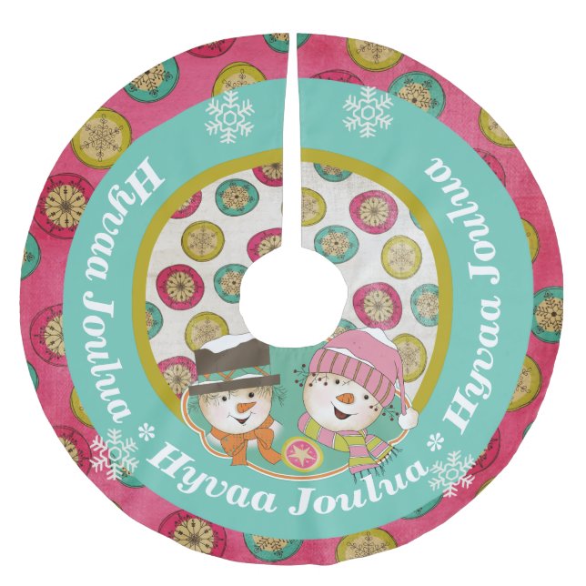 Snowmen Hyvaa Joulua Holiday Tree Skirt Polyester Weihnachtsbaumdecke (Vorderseite)