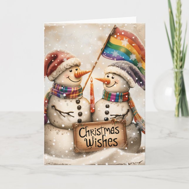 Snowmen LGBTQ Weihnachtskunst Feiertagskarte (Vorderseite)