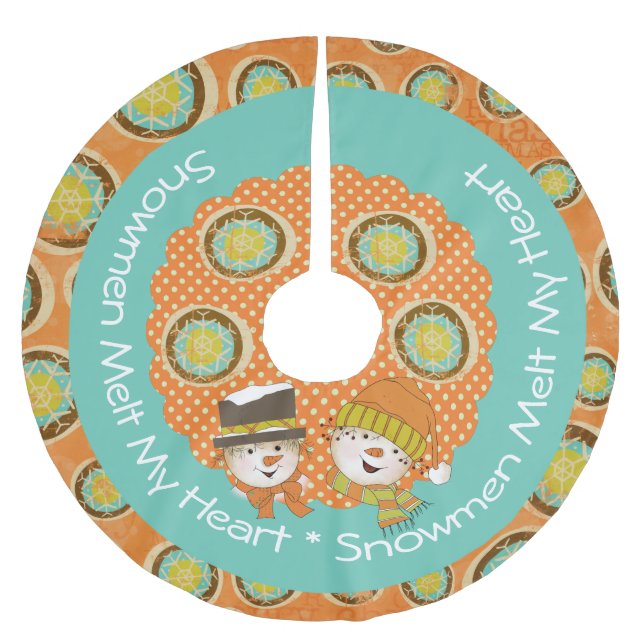 Snowmen Melt my Heart 2 Holiday Tree Skirt Polyester Weihnachtsbaumdecke (Vorderseite)