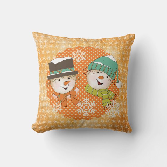 Snowmen Orange Dots et Snowflakes Coussin de vacan (Recto)