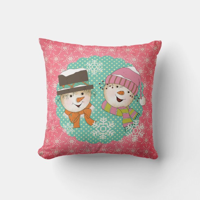 Snowmen rose et bleu Coussin de vacances (Recto)