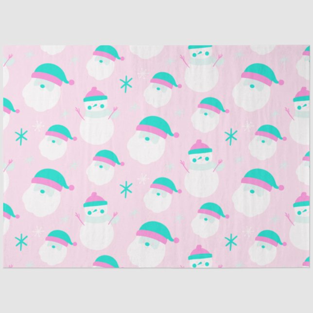 Snowmen Santa Snowflakes Rosa Grün Weihnachten Seidenpapier (Vorderseite)