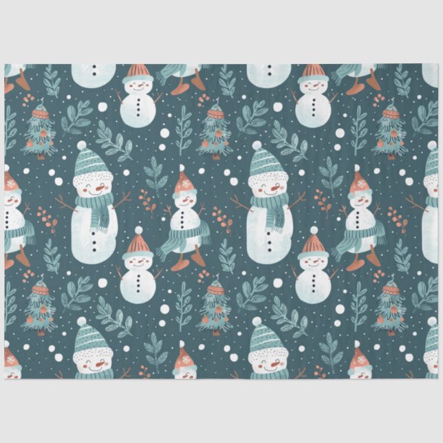 Snowmen Snow Trees Grüne Weihnachten Seidenpapier (Vorderseite)