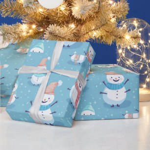 Snowmen Snowflakes Blue Modern Weihnachten Geschenkpapier