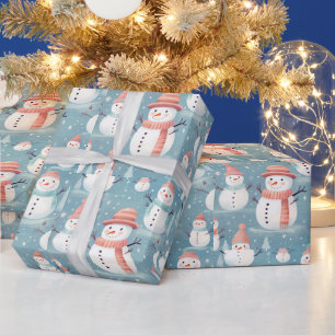 Snowmen Snowflakes Blue Modern Weihnachten Geschenkpapier