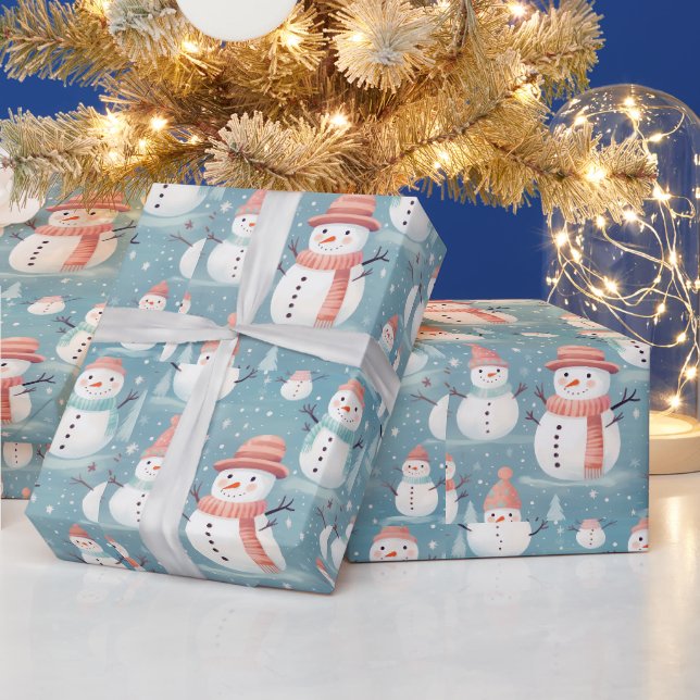 Snowmen Snowflakes Blue Modern Weihnachten Geschenkpapier (Feiertage)