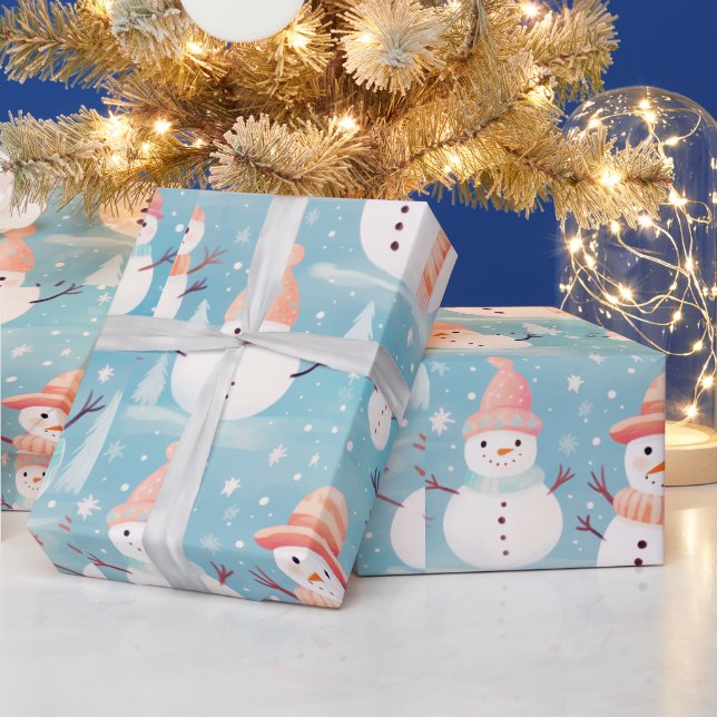 Snowmen Snowflakes Blue Modern Weihnachten Geschenkpapier (Feiertage)