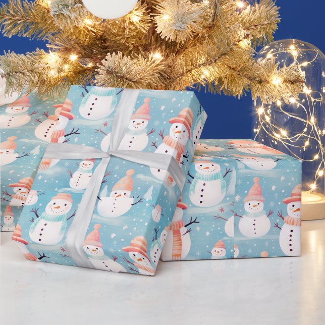 Snowmen Snowflakes Blue Modern Weihnachten Geschenkpapier (Feiertage)
