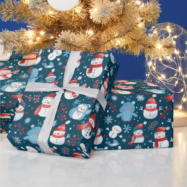 Snowmen Snowflakes Grüne Blaue Weihnachten Geschenkpapier (Feiertage)