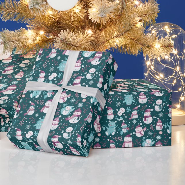 Snowmen Snowflakes Grüne Weihnachten Geschenkpapier (Feiertage)