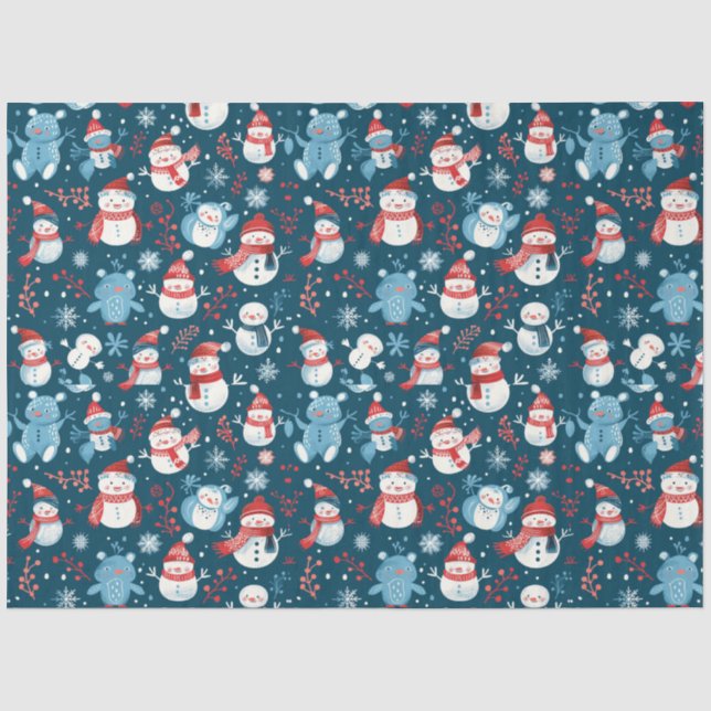 Snowmen Teddy Bears Snowflakes Grüne Weihnachten Seidenpapier (Vorderseite)