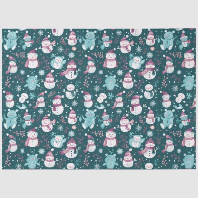 Snowmen Teddy Bears Snowflakes Grüne Weihnachten Seidenpapier (Vorderseite)