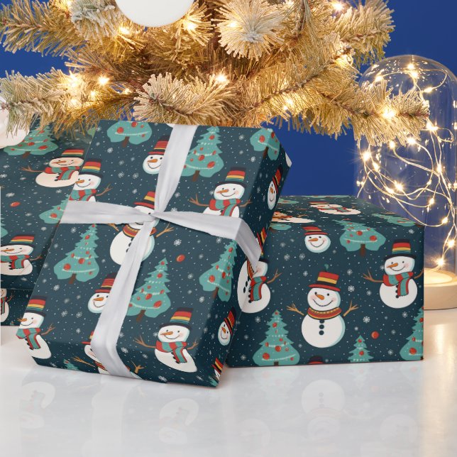 Snowmen Weihnachtsbaumen Schneeflocken Grüne Weihn Geschenkpapier (Feiertage)