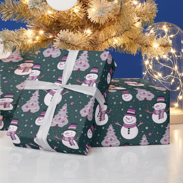 Snowmen Weihnachtsbaumen Schneeflocken Grüne Weihn Geschenkpapier (Feiertage)