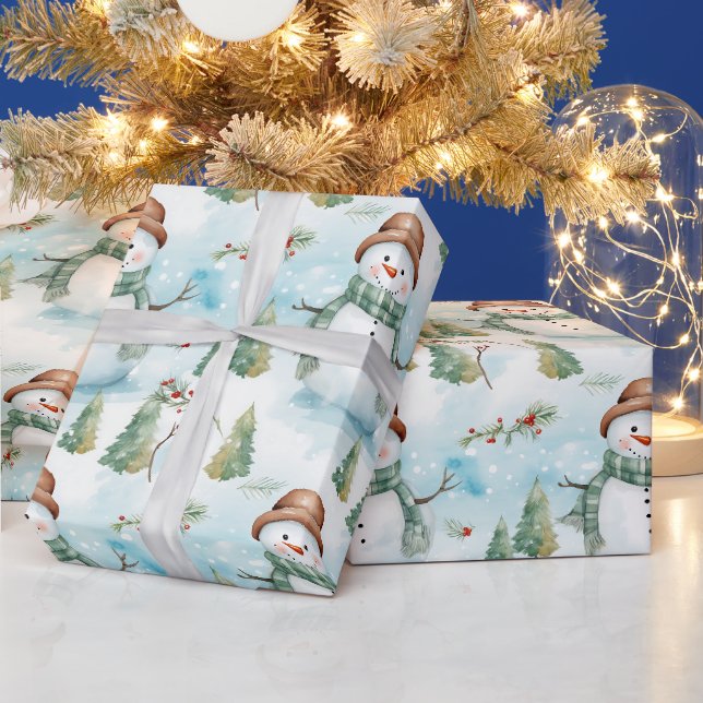 Snowmen Winter Berries Grün Moderne Weihnachten Geschenkpapier (Feiertage)