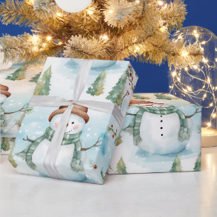 Snowmen Winter Berries Grün Moderne Weihnachten Geschenkpapier