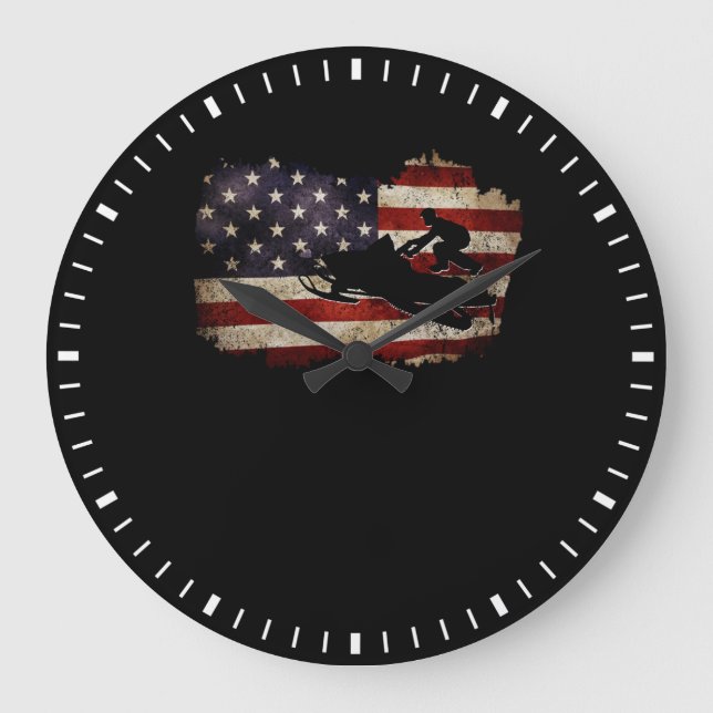 Snowmobile USA Flag Snow Sled Patriotic Große Wanduhr (Vorderseite)