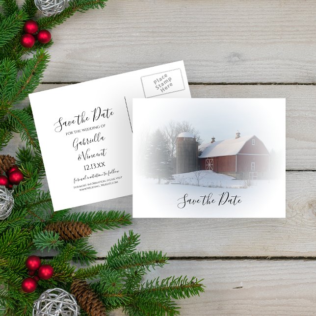 Snowy Barn und Silo Winter Wedding Save the Date Ankündigungspostkarte (Von Creator hochgeladen)