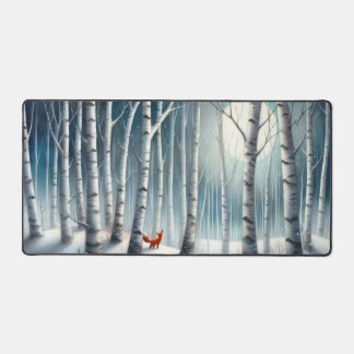 Snowy Birch Forest Desk Mat with Fox Schreibtischunterlage