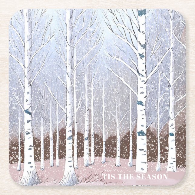 Snowy Birch Trees Christmas Dusty Blue ID1003 Rechteckiger Pappuntersetzer (Vorderseite)