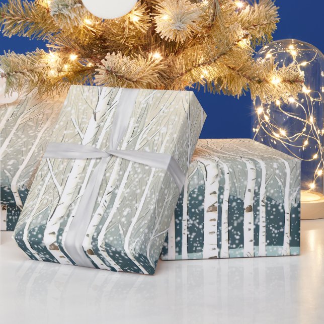 Snowy Birch Trees Weihnachten Aquamarin ID1003 Geschenkpapier (Feiertage)