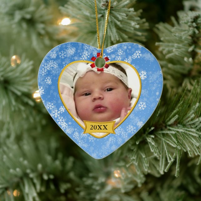 Snowy Blue Baby's 2 Sided Foto Keepake Keramikornament (Baum)