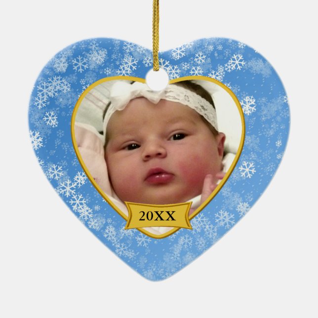 Snowy Blue Baby's Foto Keepake Weihnachten Keramikornament (Hinten)
