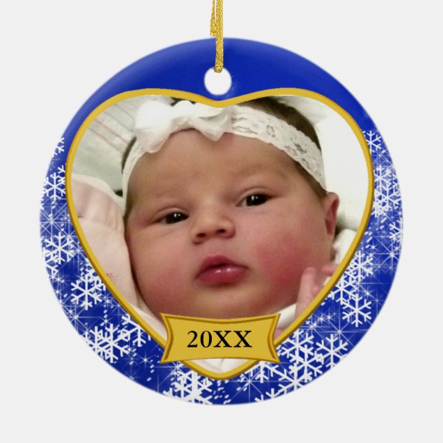 Snowy Blue Baby's Foto Weihnachts-Keramik Ornament (Hinten)