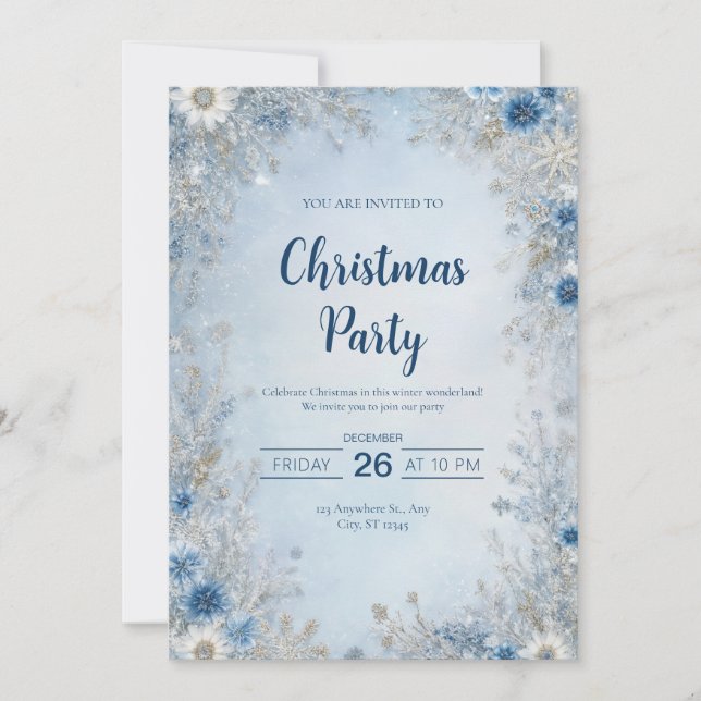 Snowy Blue Floral hiver Noël Invitation (Devant)