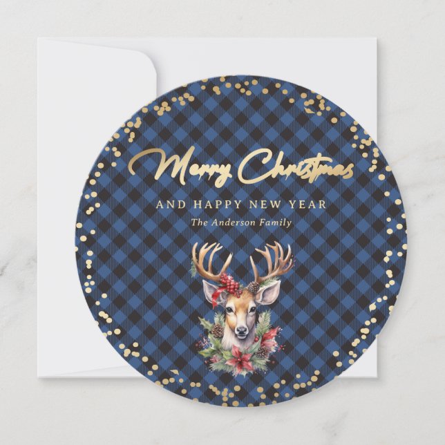 Snowy Blue Gold Deer Frohe Weihnachten (Vorderseite)