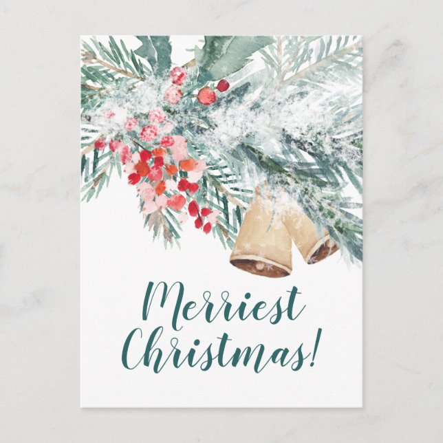Snowy Blue Spruce Holly Berries & Kraft Bells Postkarte (Vorderseite)