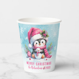 Snowy Blue und Pink Niedlich Pinguin Frohe Weihnac Pappbecher