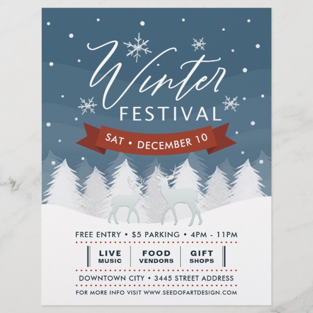 Snowy Blue Winter Festival Bäume & Hirsche Event Flyer (Vorne)