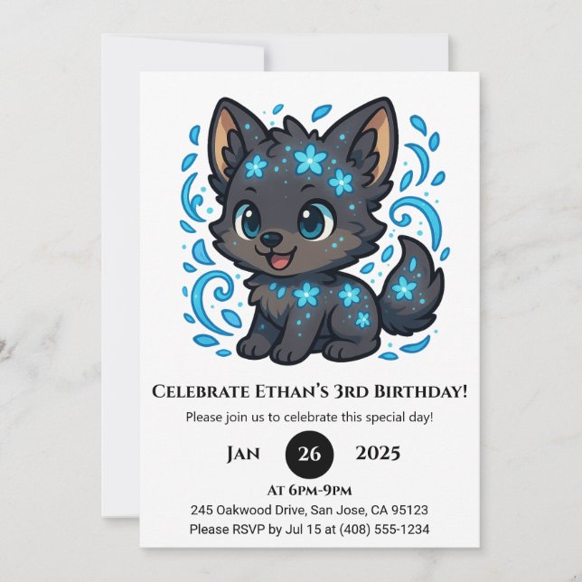 Snowy Blue Wolf Birthday Einladung (Vorderseite)