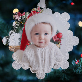 Snowy border simple one photo red Merry Christmas Ornament Karte