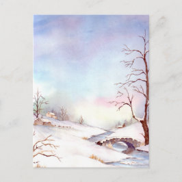 Snowy Bridge Wasserfarbe Landschaftsbild Malerei Postkarte