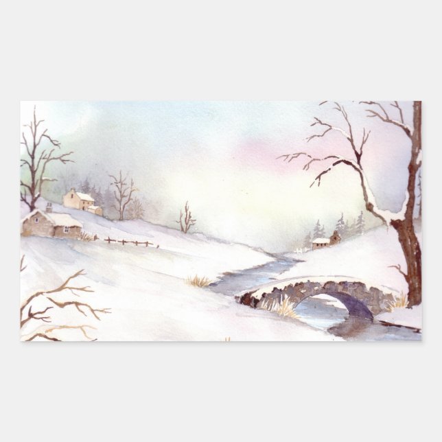 Snowy Bridge Wasserfarbe Landschaftsbild Malerei Rechteckiger Aufkleber (Vorderseite)