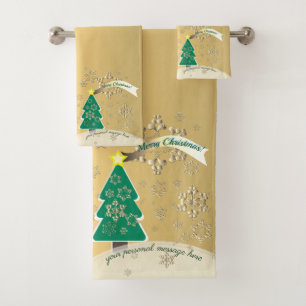 Snowy Bronze Drk Green Christmas Tree Szene Badhandtuch Set