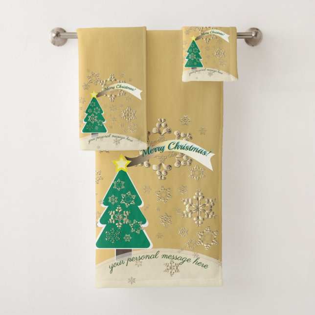 Snowy Bronze Drk Green Christmas Tree Szene Badhandtuch Set (Insitu)
