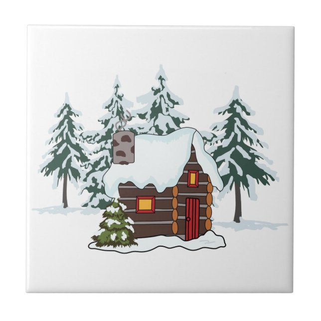 Snowy Cabin Scene Fliese (Vorderseite)