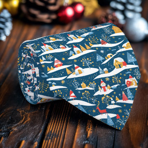 Snowy Cabins & Evergreen Trees Winter Necktie Krawatte