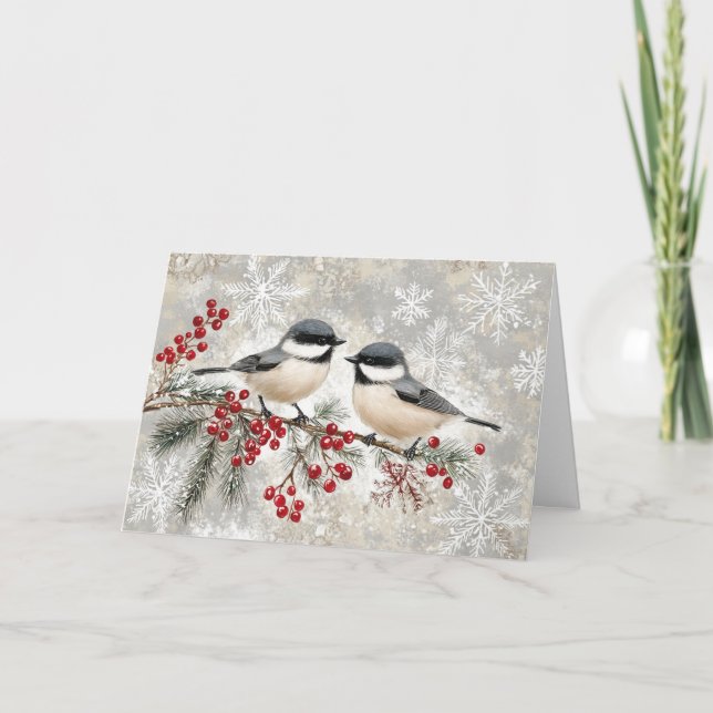 Snowy Chickades auf Evergreen mit Berries Karte (Vorderseite)
